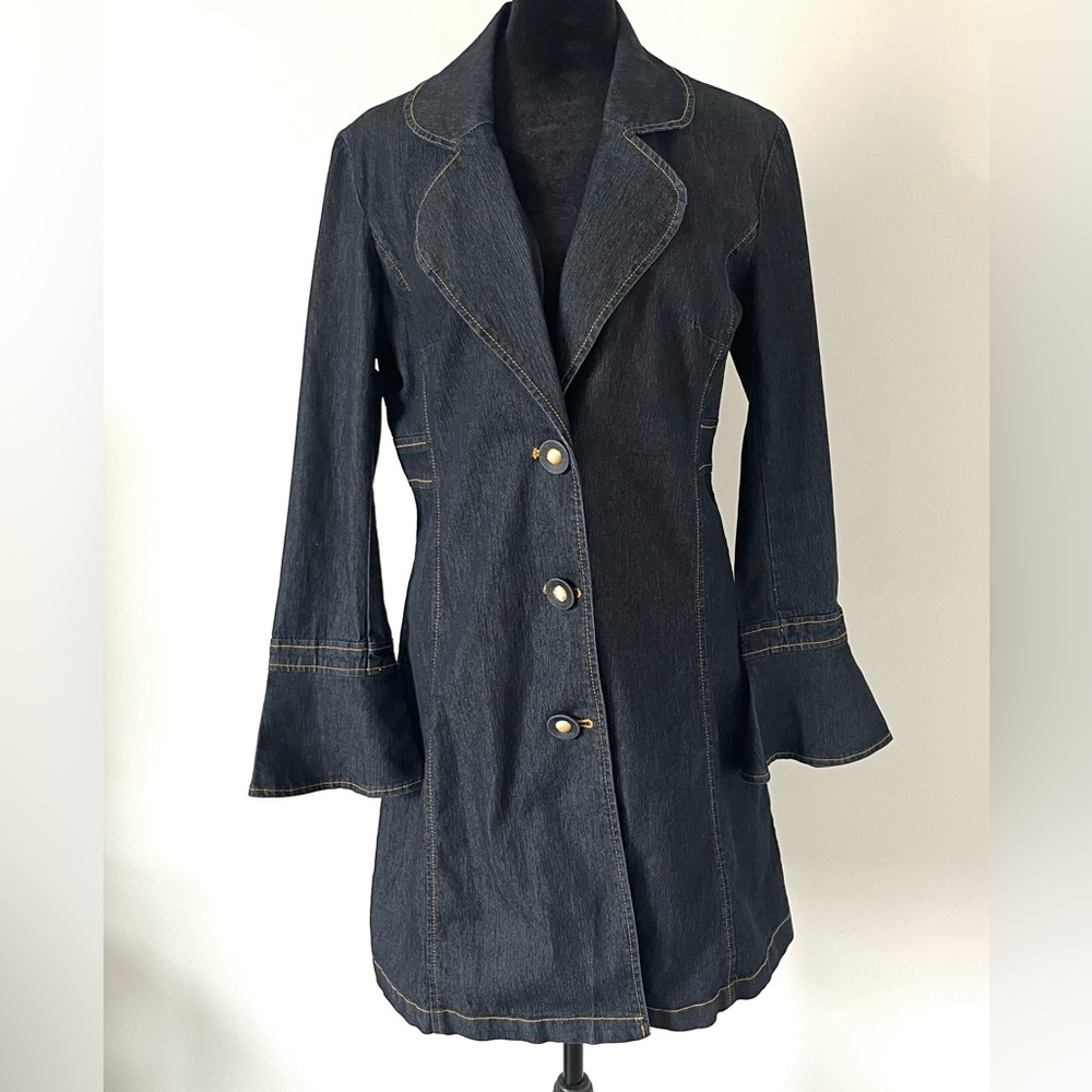 Bisou Bisou Dark Blue Denim Trench Coat Jean Jacket Contrast Stitch Button Small